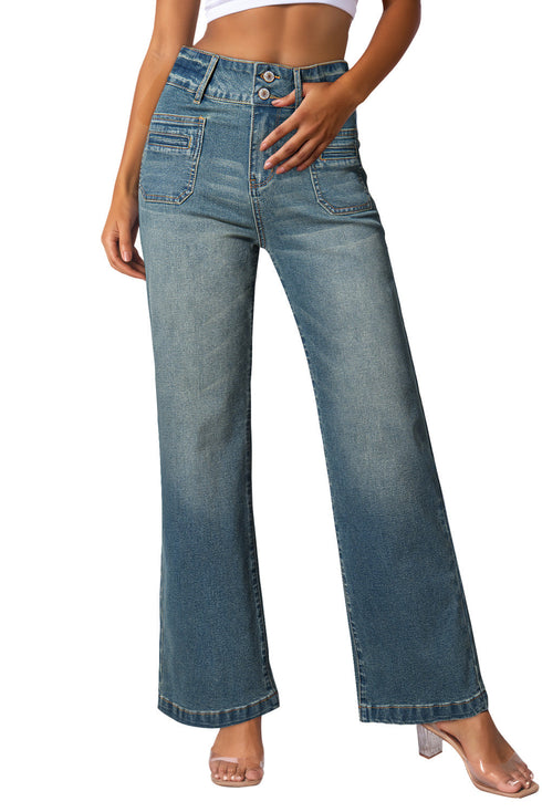 Vintage Wash Double Button Front Patch Pocket Flare Jeans